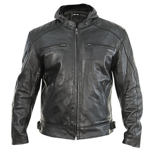 Xelement 'Throttle Boss' Mens Black Leather Motorcycle Jacket with Zip Out Hoodie